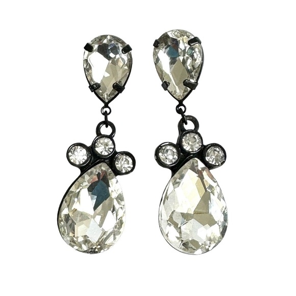 Rhinestone Earrings Clear Crystal Black Setting Cocktail TearDrop Statement - Picture 1 of 8